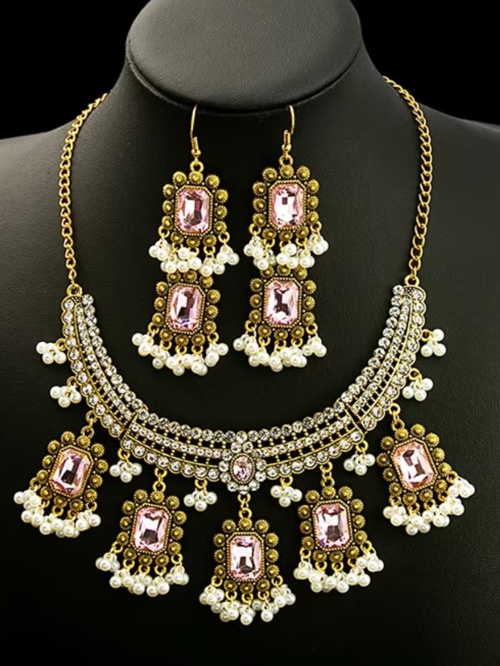 Gold tone Pink CZ Crystal & Pearl Statement Retro Necklace Set